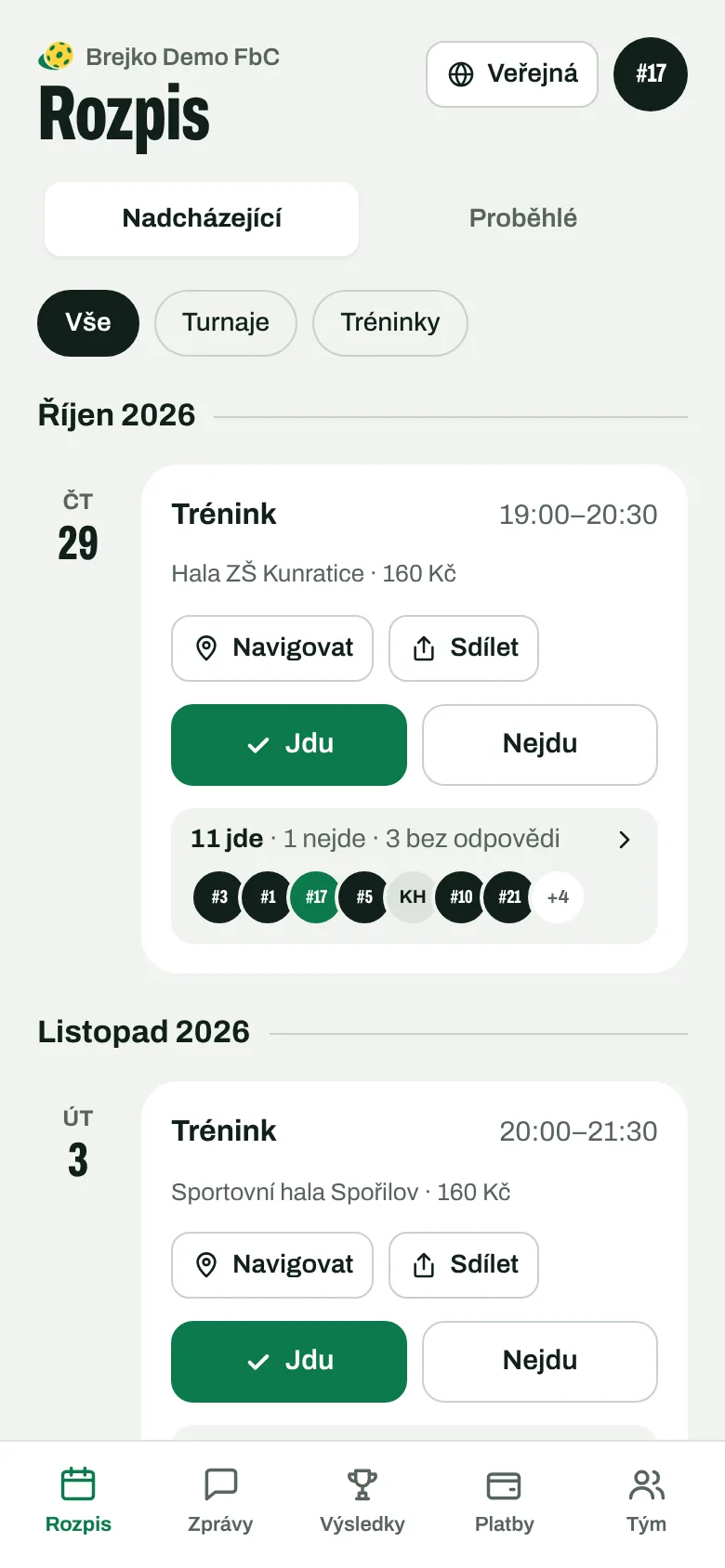 Rozpis týmu v Brejku: trénink ve čtvrtek, tlačítka Jdu a Nejdu, 11 hráčů jde