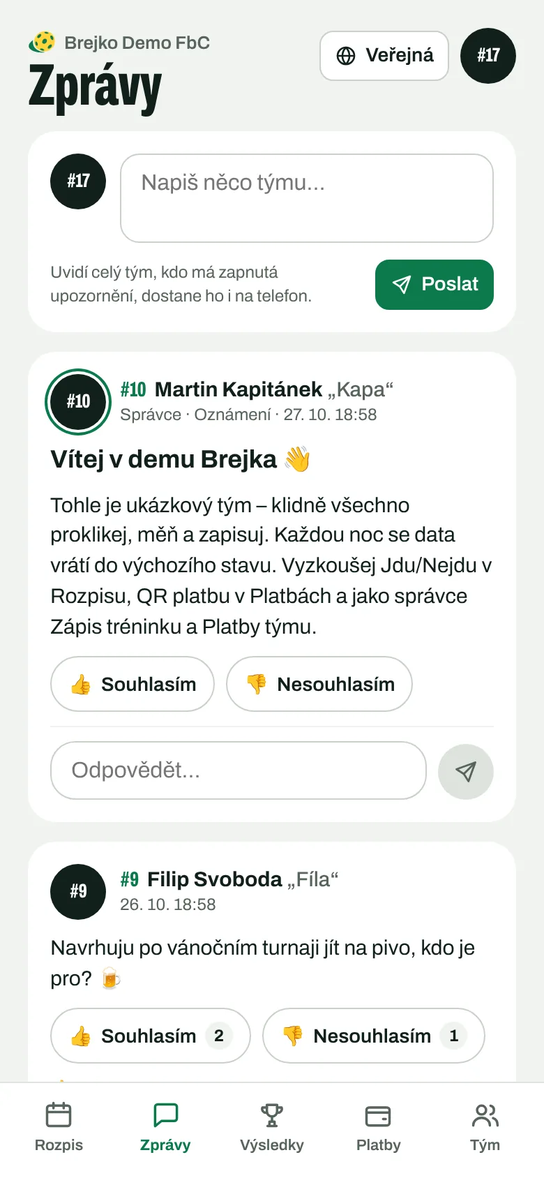Zprávy týmu s anketou Souhlasím a Nesouhlasím